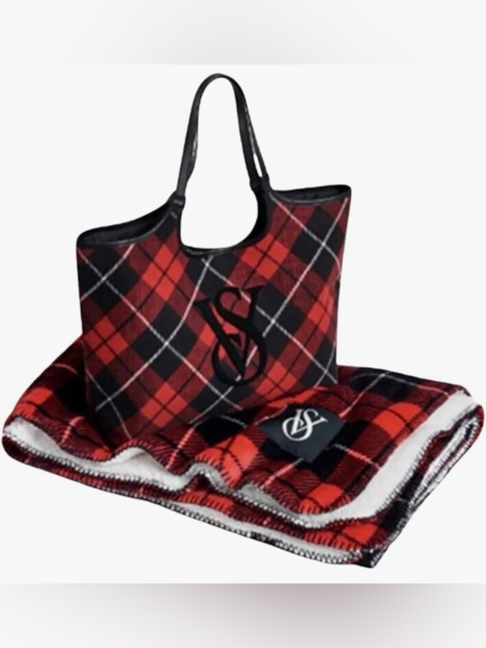 Victoria's Secret Holiday Plaid Tote Bag & Cozy Sherpa Blanket Gift Set Bundle